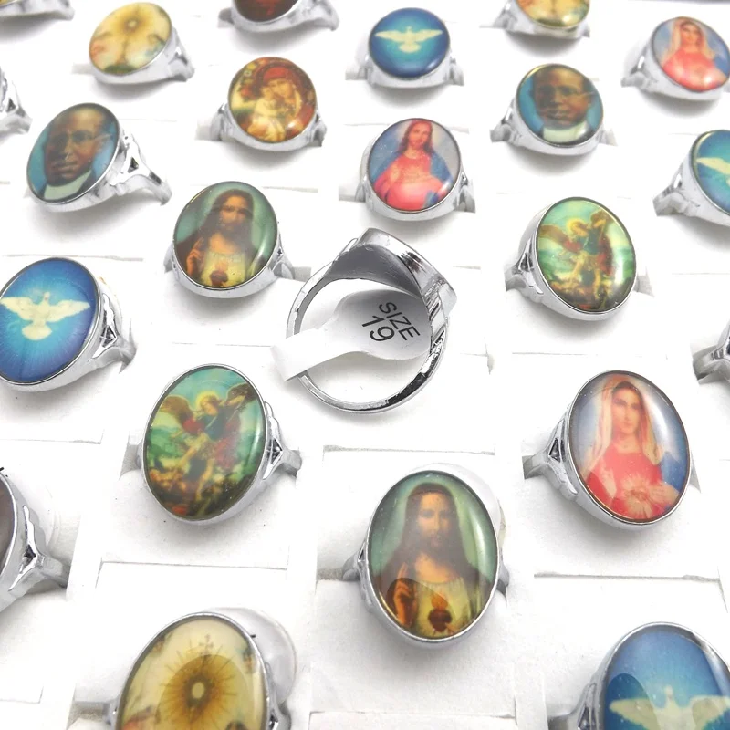 

50pcs Printed Religious Image Rings Mix Lot Christianity Ring Wholesale
