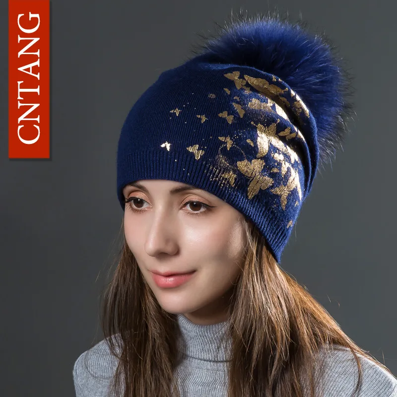 Navy Navy Pompom CNTANG двойной слои шерсть Bronzing бабочка шапки для женщин зимние теплые трикотажные шапки модные шапочки для натуральный помпоны Мех животных шляпа - Цвет: Navy Navy Pompom