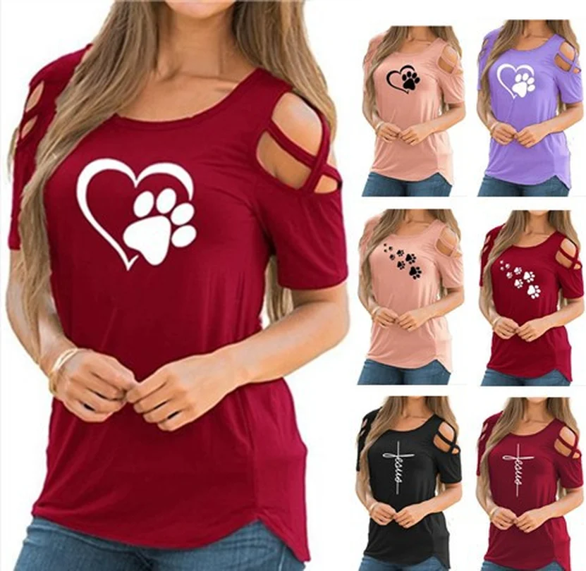 Женские футболки кавай отпечаток лапы кошки топы с открытыми плечами Blusas рубашки