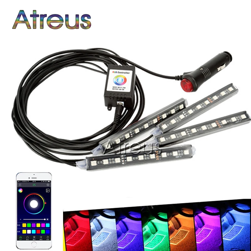 

Автомобильный Стайлинг 4X автомобильный внутренний светодиодный RGB светильник, гибкая атмосферная лампа, комплект, Android iOS, Bluetooth, управление ...