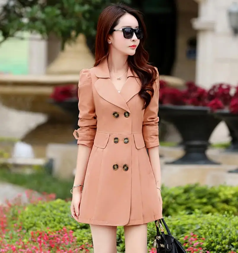 

Autumn New Women Coat Fashion Double Breasted Mid-long Trench Coat Women Khaki Slim Waist Windbreaker Female Spring Casual