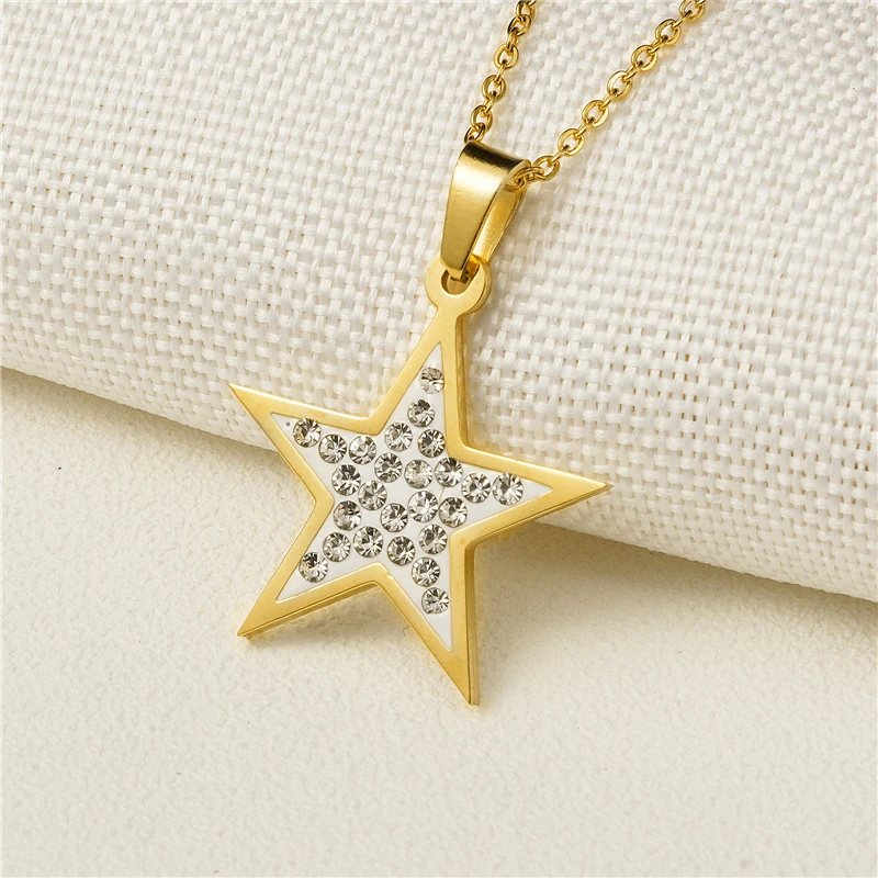 Top Quality Women Fashion Jewelry Necklaces Stainless Steel Star Pattern Crystal Pave Charm Korye Bijoux Femme | Украшения и