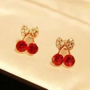 

Cute little cherry red imitation Rhinestones earrings exquisite elegance Korean jewelry wholesale free shipping