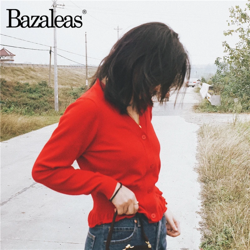 Bazaleas Autumn Vintage waistcoat V Neck harajuku Kintted Carfigans Fashion red Women Sweater Casual Bottom Ruffles |