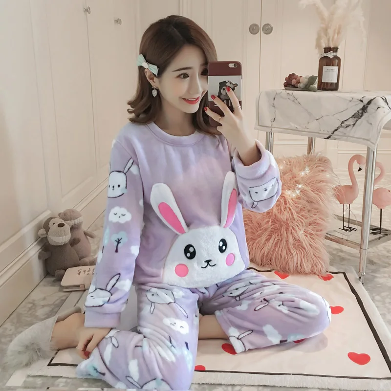 purple Женские милые пижамы, Осень-зима, фланелевые, Kawaii Rabbit, Корейская Пижама, Ночная одежда, ночное белье, nuisette femme de nuit, пижамы - Color: purple