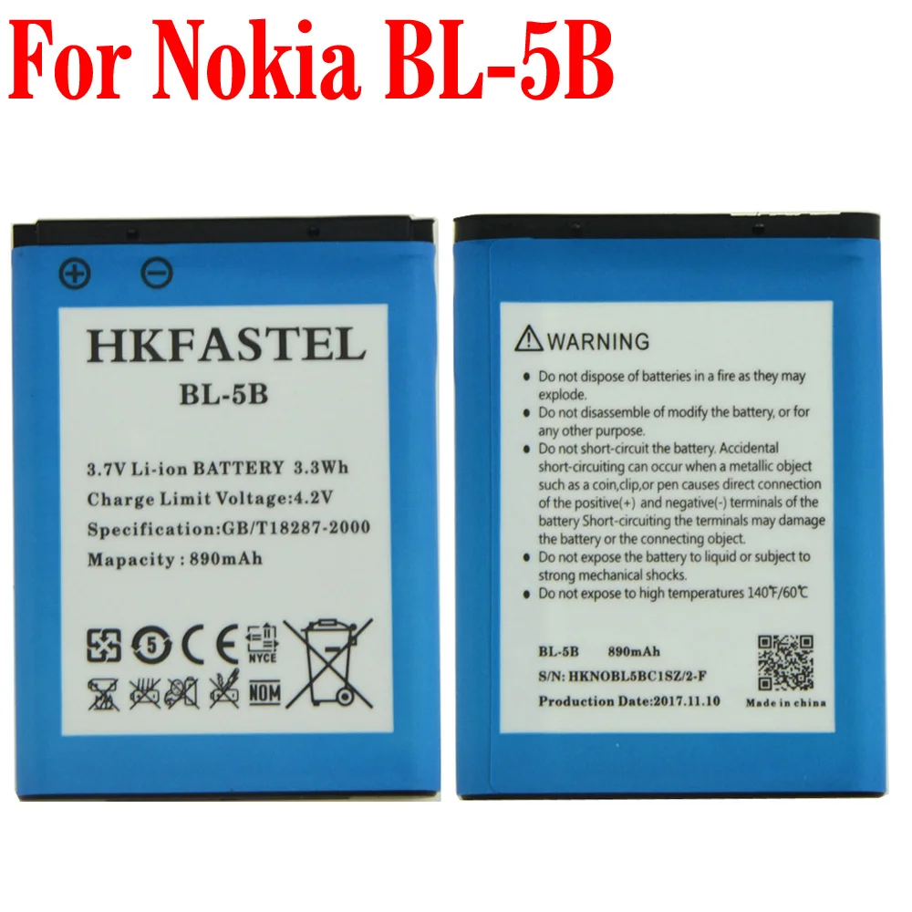 Новинка BL-5B BL 5B литий-ионный аккумулятор для Nokia 6060 6070 6080 6120 Classic 6121 6122 6124 7260 7360 N80 N90 |
