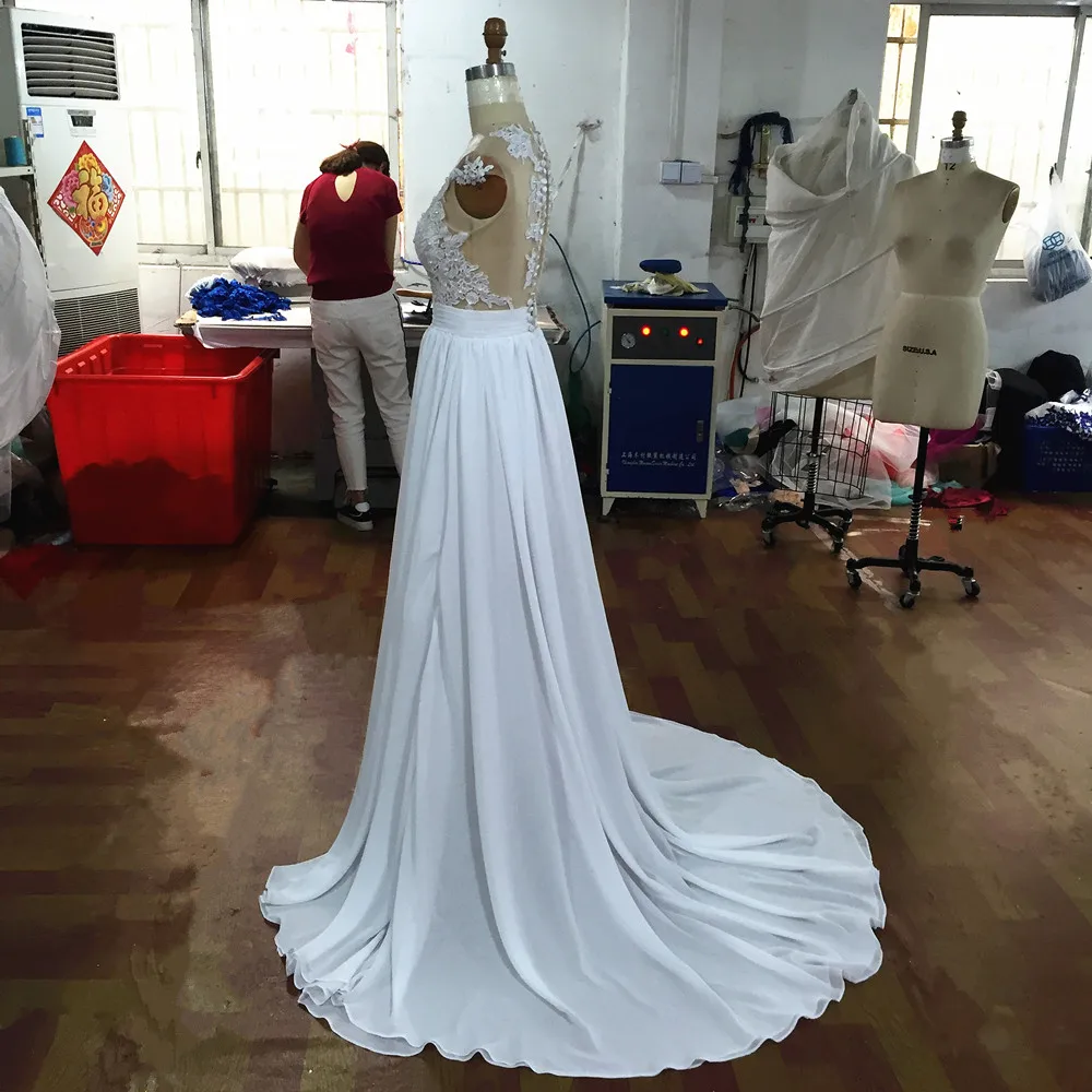 

Illusion White Chiffon Wedding Dress 2020 Beach Bridal Gowns For Wedding Sheer Neck Affordable Robe De Marriage