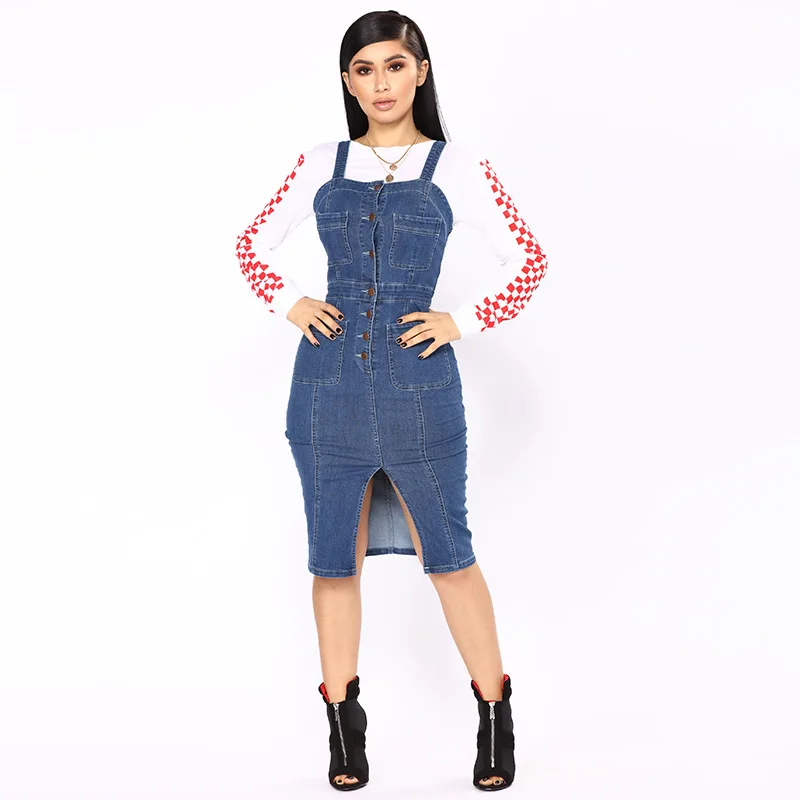 

Summer women denim front split Jeans overall denim long plus size