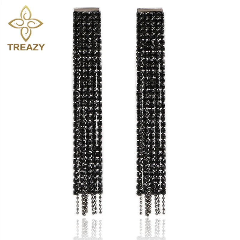 TREAZY длинные висячие серьги черного цвета с кристаллами и кисточками для женщин