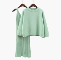 2020 autumn womans sweater straped dress sets solid color female ol 2 piece suits loose sweater knit mid dress winter