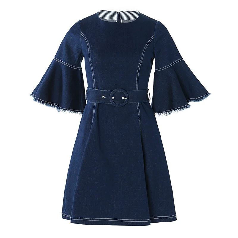 2019 Spring Fashion Retro Burr O-Neck Women Denim Dress Slim Casual Sashes Cowboy Jeans A-Line Mini Dresses Vestidos HJ02 | Женская
