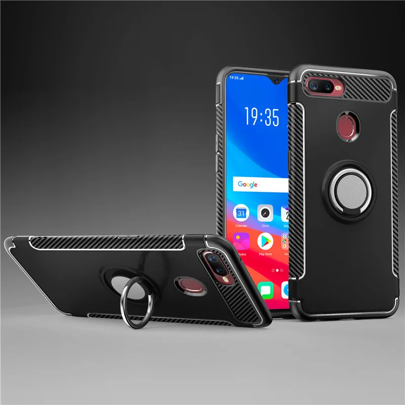 Армированный чехол для OPPO F9 F7 F3 плюс A77 подставка для автомобильного держателя в виде Кольца Гибридный чехол-накладка из поликарбоната и термополиуретана Противоударная задняя крышка для F5 A73 A59 A79 A83 A3S A5 - Цвет: black