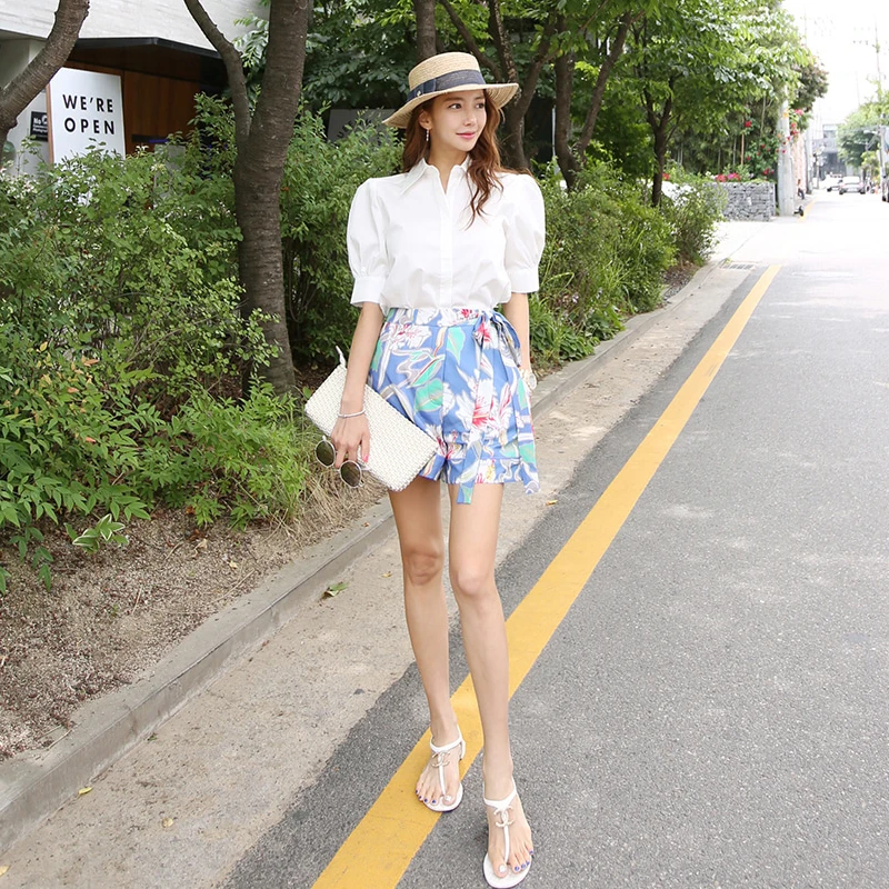 

New arrival women temperament two-piece set white basic shirt and print short pant fashion high quality cute holiday women set