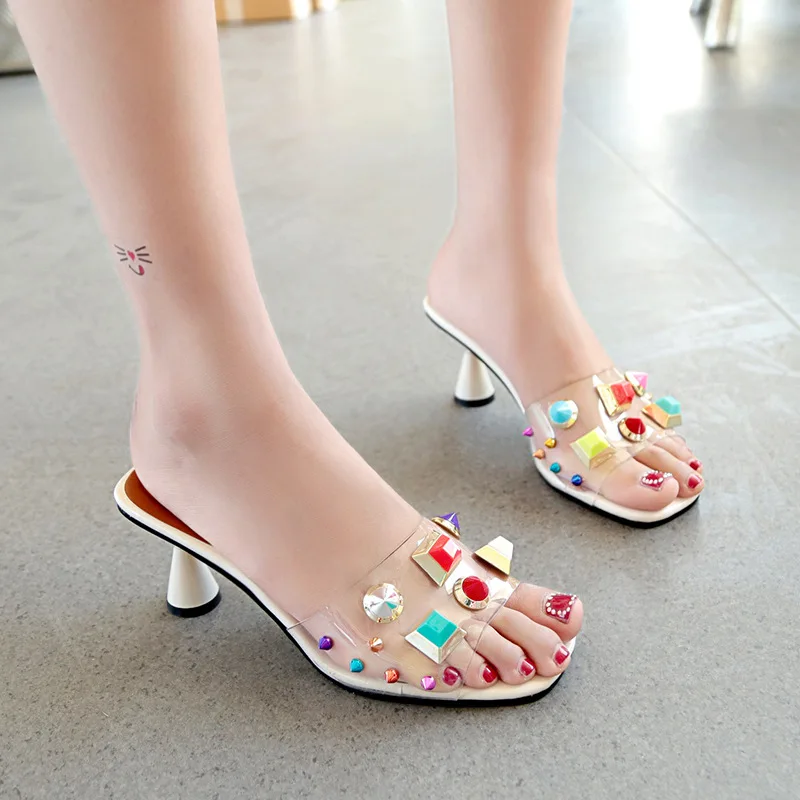 Женские тапочки с открытым носком блестящие сланцы высокий каблук шпилька