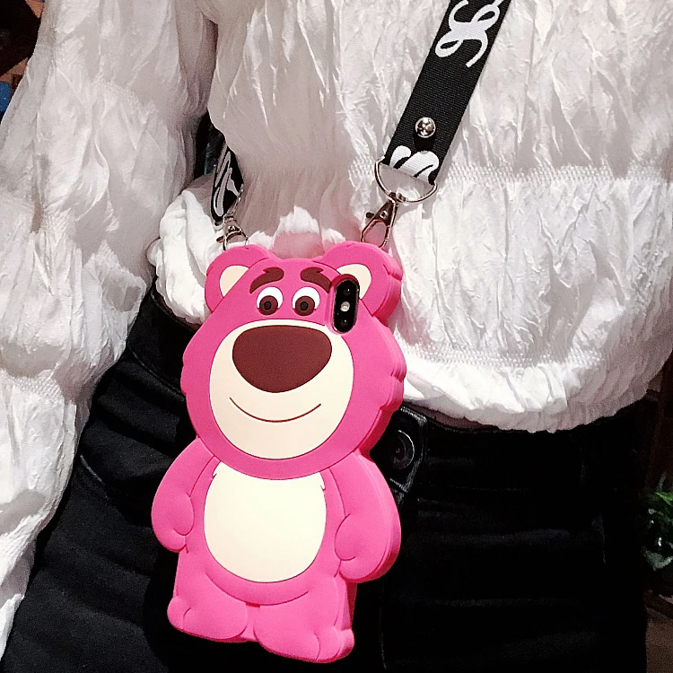 3D Cute Lotso bear case For iphone XS max XR X Soft cover 8plus 7plus 7 8 6s 6plus toy story fundas +strap |
