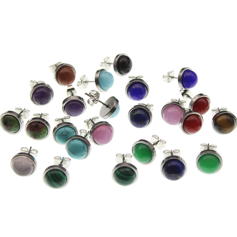 1pair Fashion Stainless Steel Stud Earrings For Women 8mm Round Natural Stone Beads Men Ear Jewelry (Never Fade) | Украшения и
