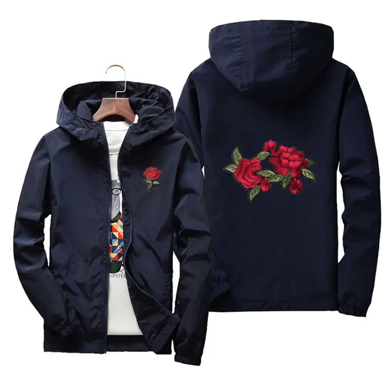 Ветровка мужская с капюшоном, тонкая куртка с вышивкой розы, Повседневная Уличная одежда для женщин, 8 цветов, большие размеры, весна-осень от AliExpress WW
