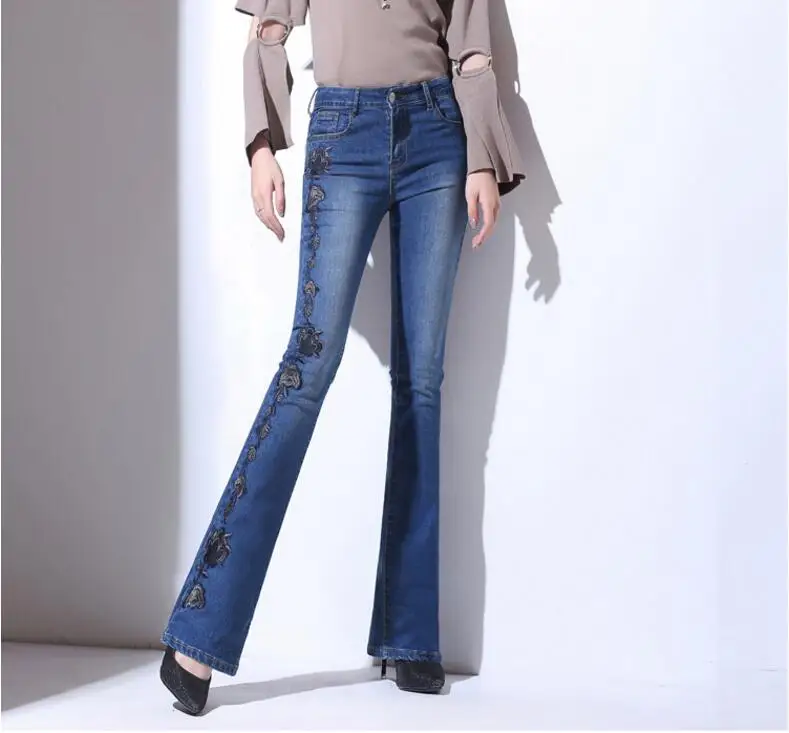 spring autumn high waist embroidery micro-speaker jeans trousers Slim middle-aged straight bell-bottoms women