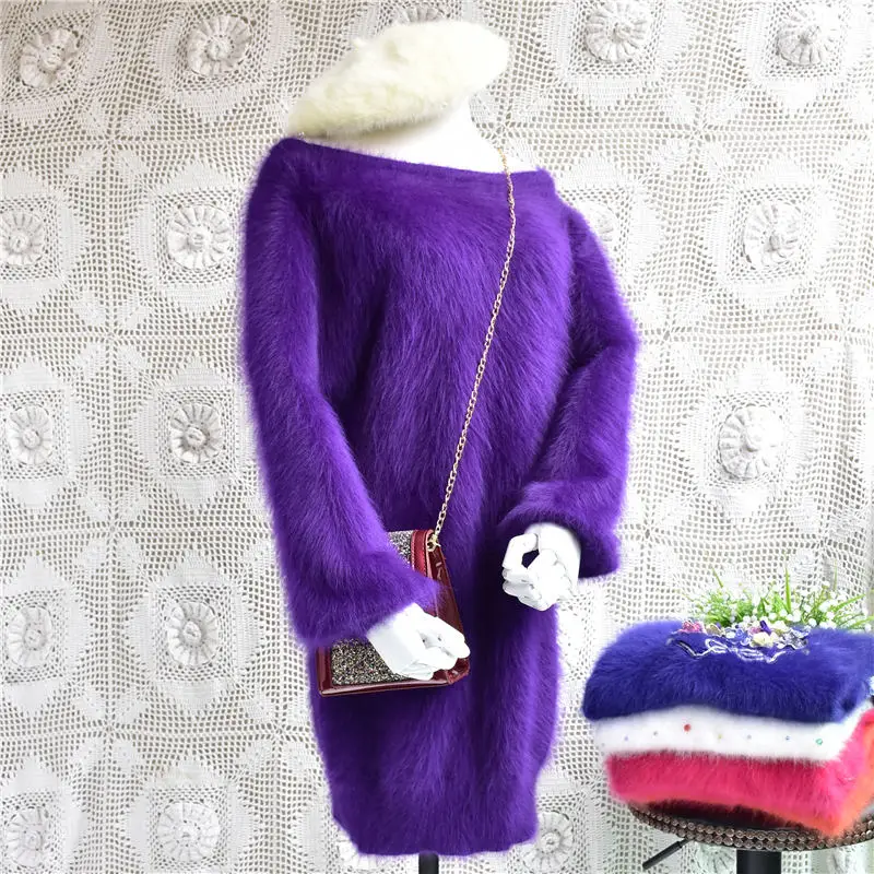 Body82cm chest100cm Женский Средний длинный плюшевый Ангорский кролик мех вязаный сексуальный слэш шеи джемпер с длинными рукавами Свободный пуловер платье свитер - Цвет: Body82cm chest100cm