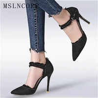plus size 34 47 spring summer high heels denim sandals dress pointed toe ankle buckle strap lady pumps sexy women party shoes