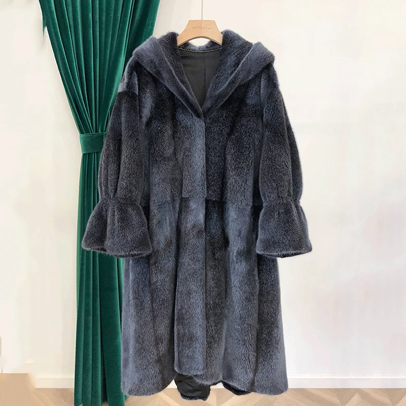 Fang Tai Fur2019 Женская импортная бархатная норковая шуба с меховым капюшоном с расклешенными рукавами, норковые шубы женские длинные шубы из натуральной норки