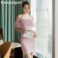 pink lace korean dress women slash neck short sleeve mini dress club wear for ladies corset zomerjurk dames 2019 summder dress
