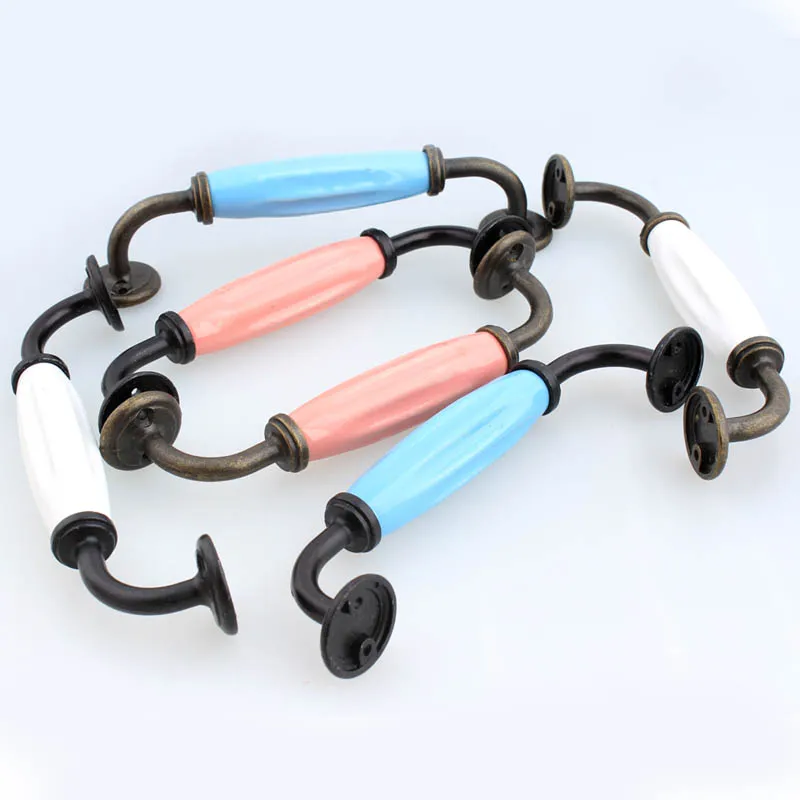 

128mm retro distress unfold install bronze kitchen cabinet dresser door handle pink white blue ceramic cupboard drawer knob pull