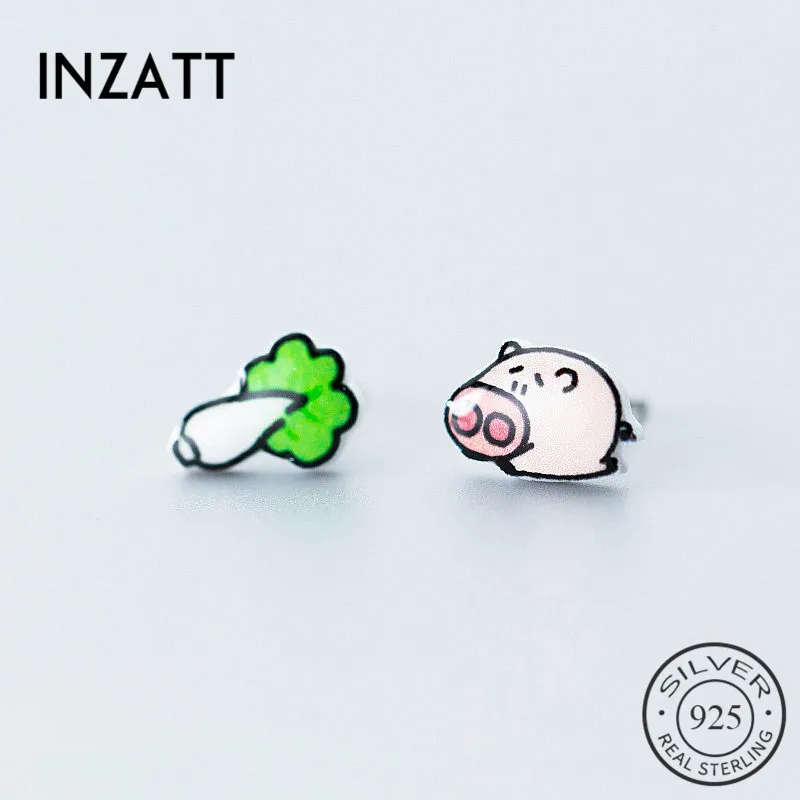 

Женские асимметричные серьги-пусеты INZATT, с эмалью в виде свиньи, с китайской капустой, из настоящего серебра 925 пробы, модные аксессуары
