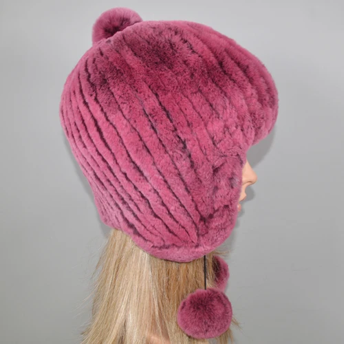 pink purple Открытый Теплый Настоящий мех кролика шапочки шапки для женщин Настоящий мех кролика Skullies шапка Эластичный вязаный натуральный шапки из меха кролика рекс - Цвет: pink purple