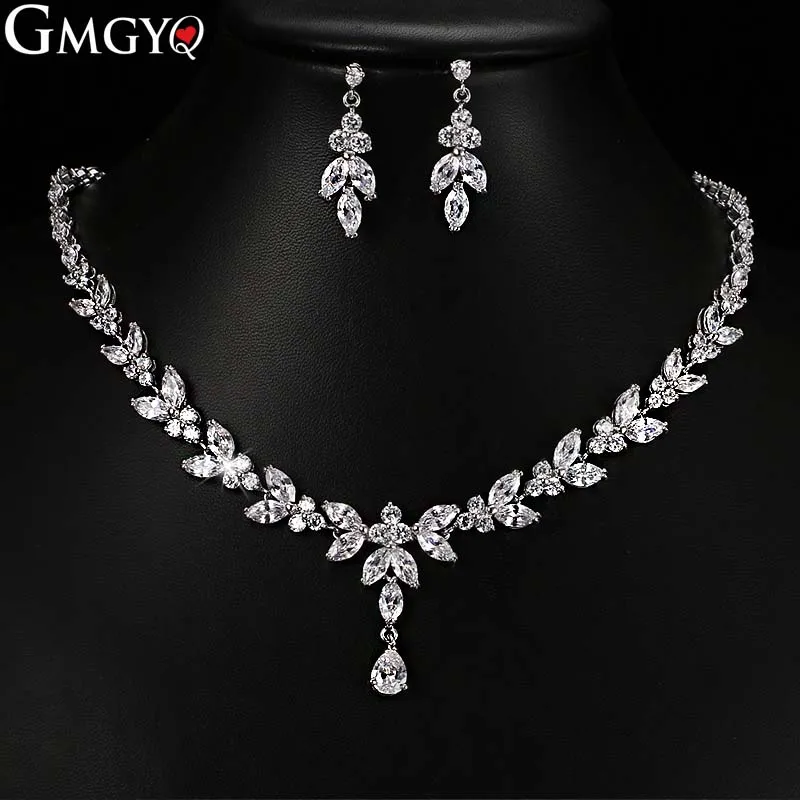 

GMGYQ Simple Fashion Classic Necklaces Earrings Jewelry Sets Silver Color Zirconia 2-pieces Wedding Dress Accessories