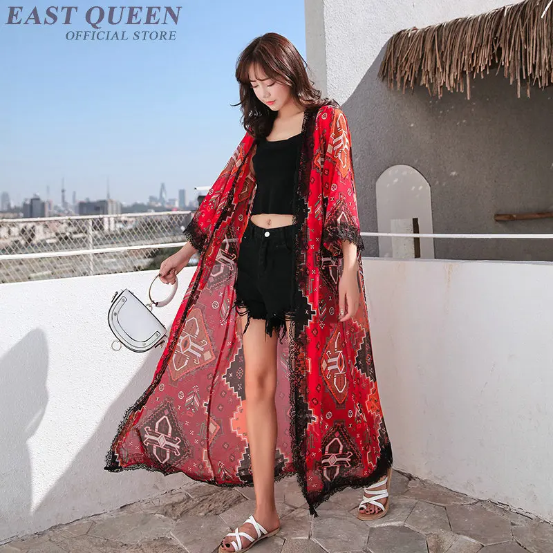 

red beachwear kimono cardigan sunscreen boho chic feminine blouse mexican print women tops summer 2019 long shirt female AA4820