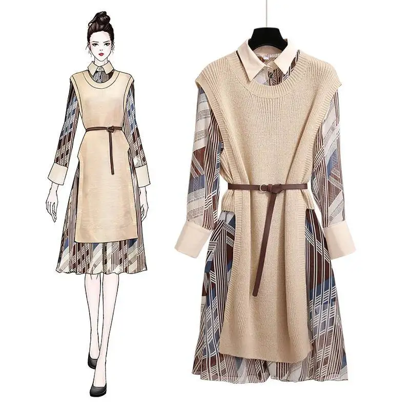 beige ICHOIX зимнее платье женский корейский стиль Вязаный Свитер комплект из 2 предметов платье 2 шт наряды офисное женское платье Повседневная рубашка платье - Цвет: beige