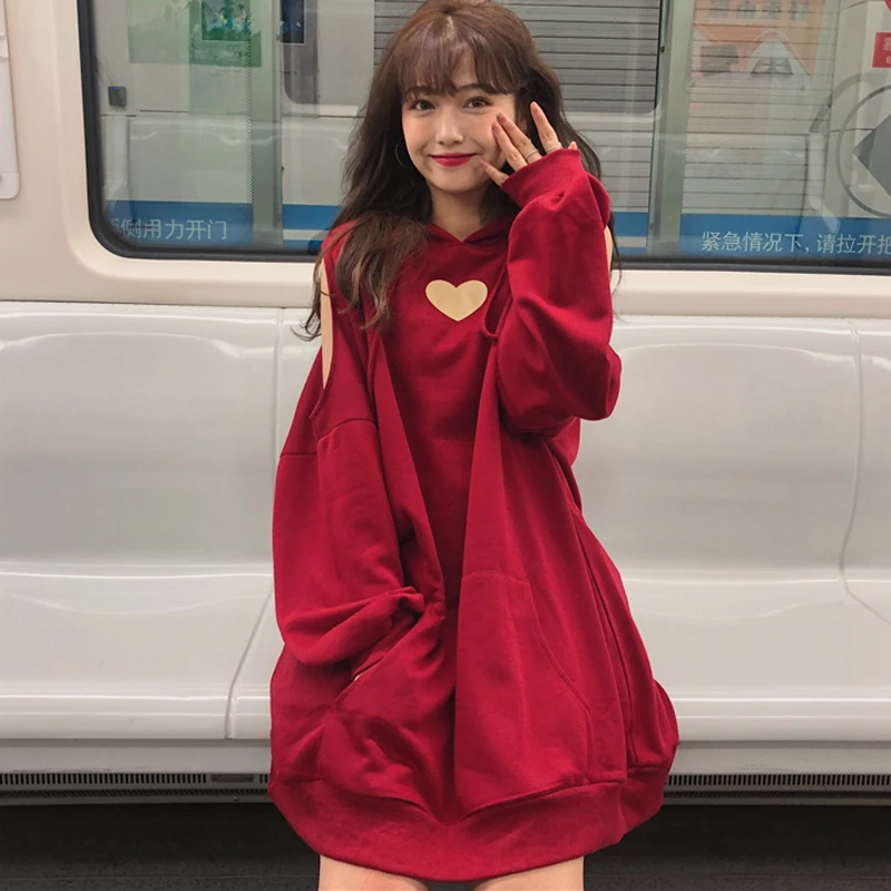 Женская одежда в Корейском стиле Harajuku с принтом в виде сердца ulzzang, женские толстовки без бретелек, толстовки с длинными рукавами
