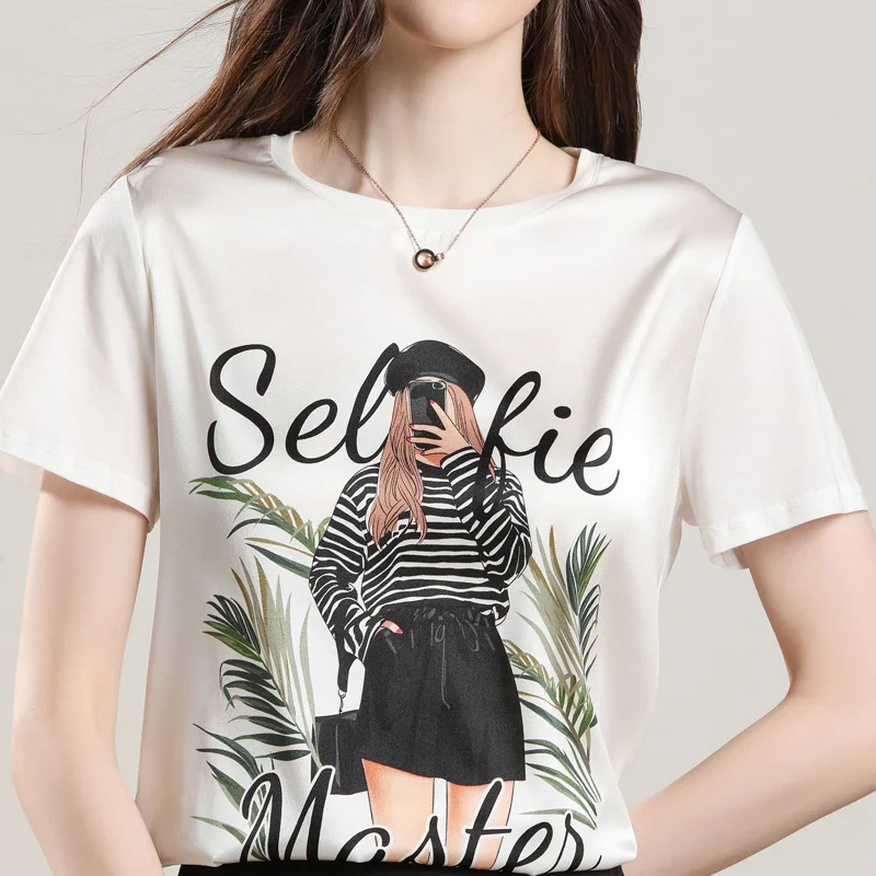 Luxury Women's Girl Plant Pattern Real Silk T-shirt Double Georgette Short Sleeve Thin Tshirt High-end Fabric Summer Tees |