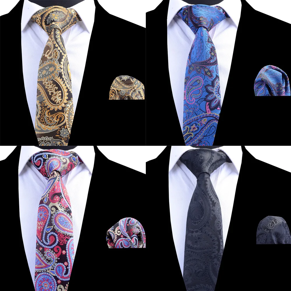 Ricnais шелковый галстук для мужчин черный цветочный Пейсли галстук и носовой платок Набор Мужские галстуки Corbatas Hombre Свадебный квадратный Карманный галстук