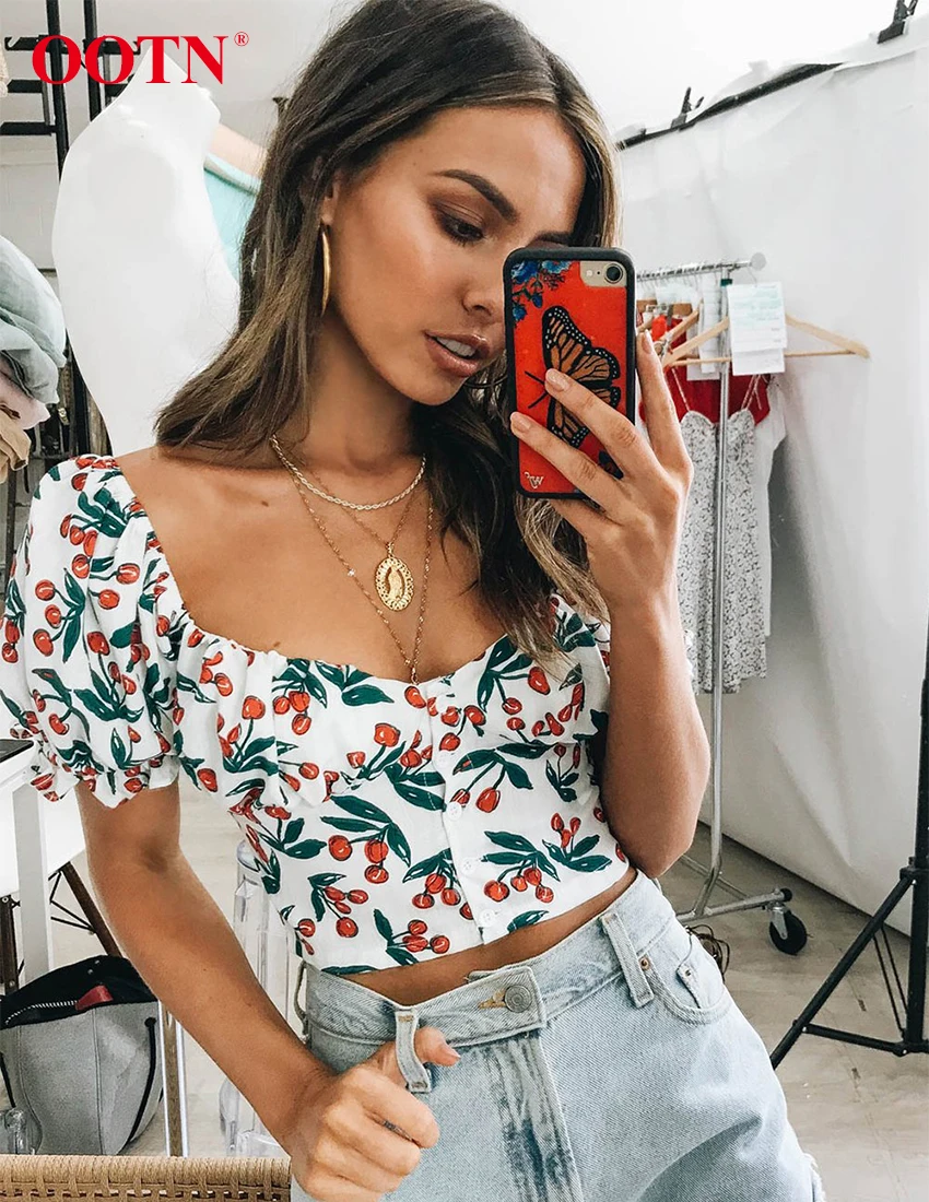 OOTN вишня цветочный принт Лето для женщин рубашка с буфами на рукавах блузка жабо рюшами Топ женский квадратный воротник короткий рукав сексуальный укороченный топ