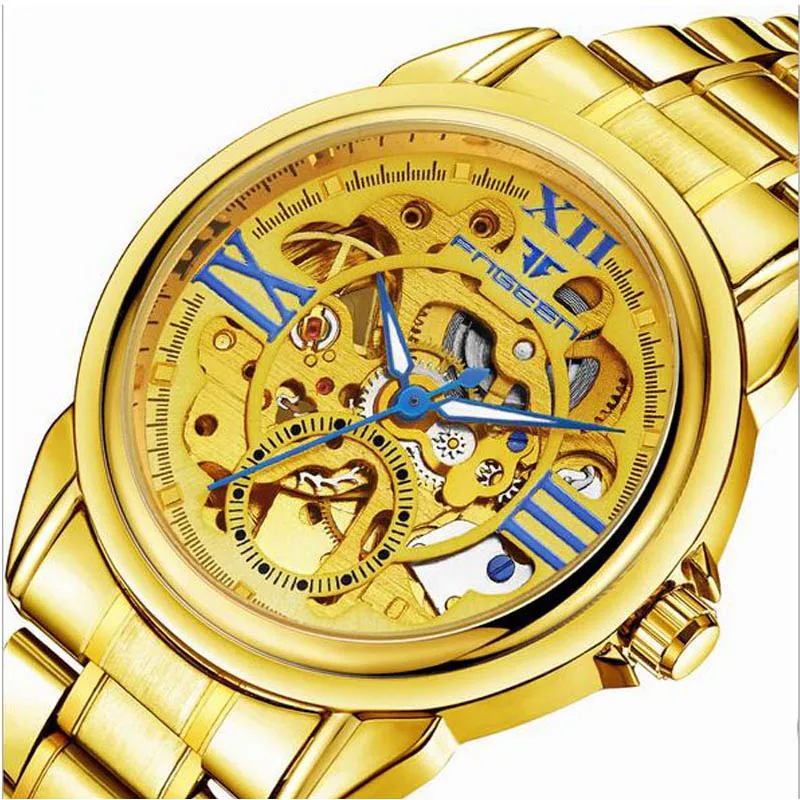 Golden Watches Men Skeleton Mechanical Watch Stainless Steel Top Brands Luxury Man Hollow Wristwatch | Наручные часы