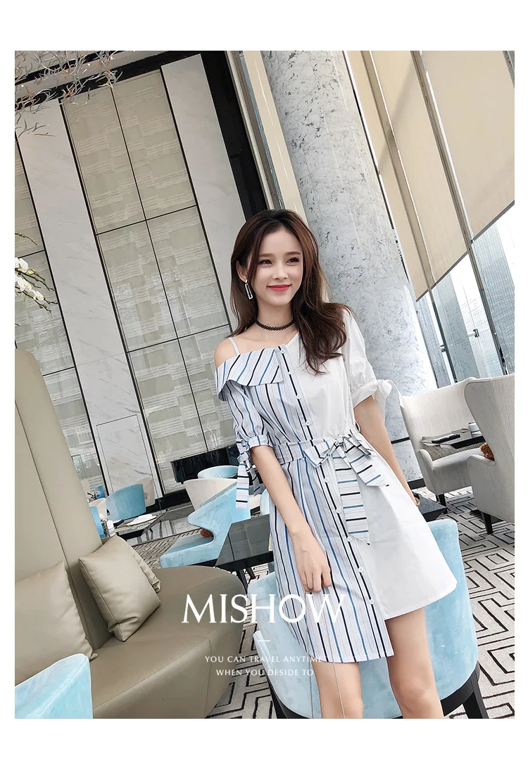 Mishow Модное женское платье с открытыми плечами+ поясом MX18B1274