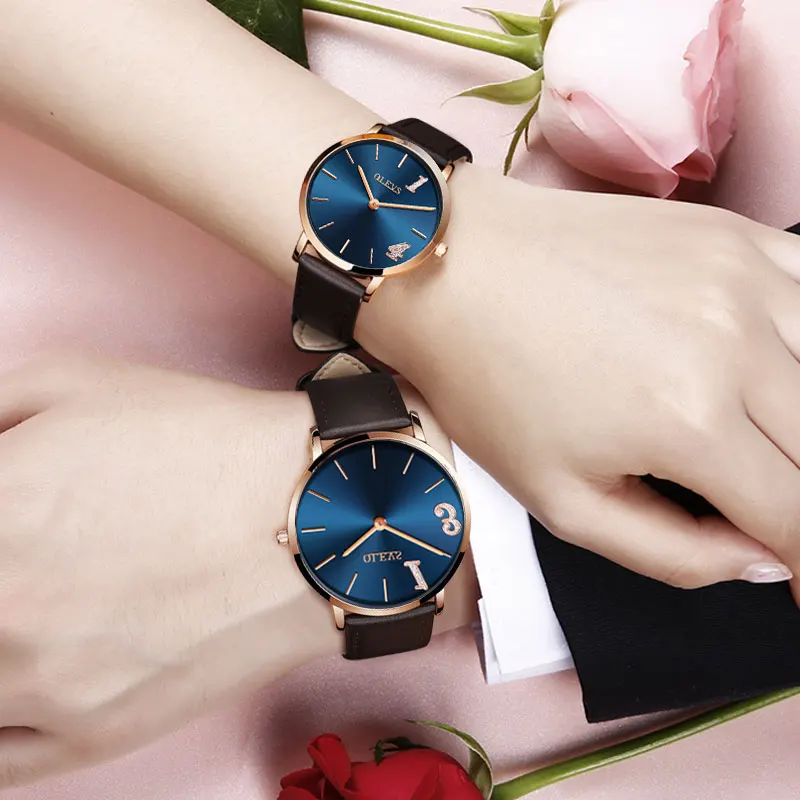 OLEVS парные часы женские водонепроницаемые кожаные кварцевые мужские простые
