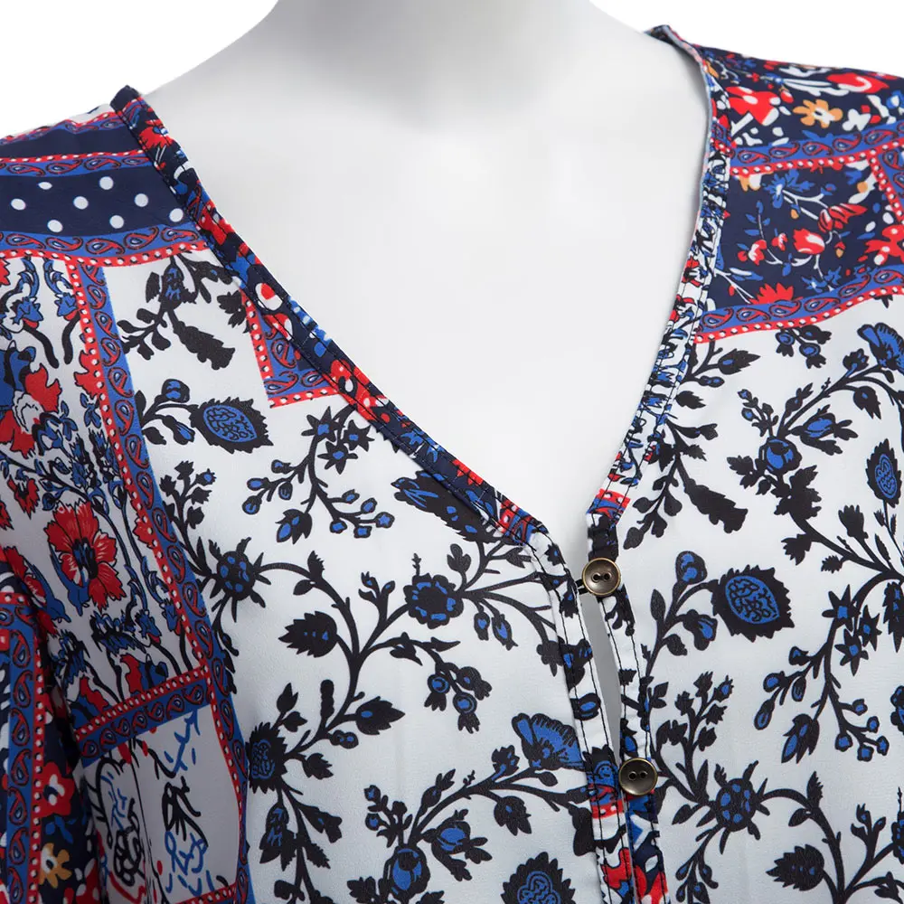 Spring Women Elegant Casual Blouse Old Classical Style V-Neck Floral Print Long Sleeve Vintage Shirt Basic Top Female |