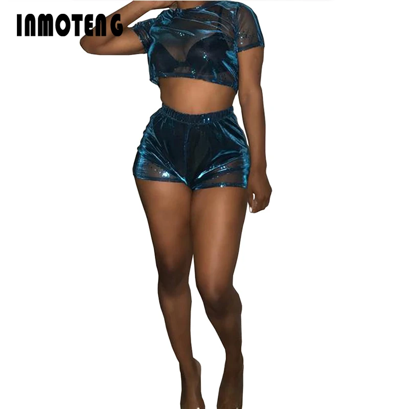 INMOTENG See Through Mesh Sexy 2 Piece Set Summer Short Sleeve Crop Top Matching Pants Women Party Dream Color Outfits XXL |