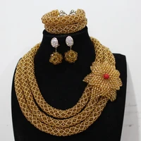 4ujewelry gold dubai jewelry sets beaded flowers 3 layers african women necklace nigerian weddings jewellery set free shipping
