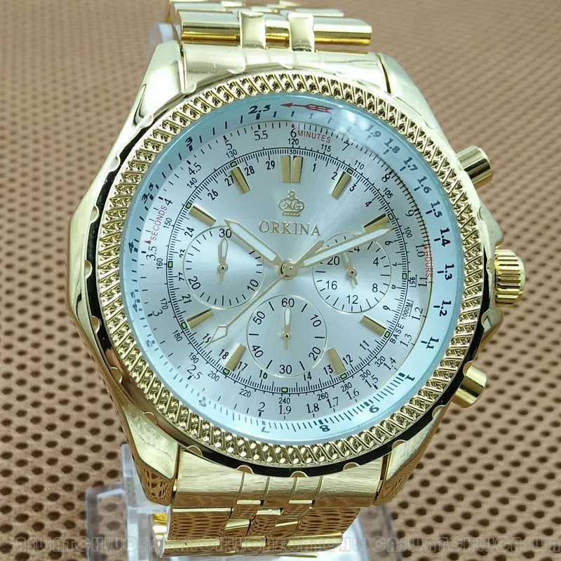 ORKINA часы Мужские кварцевые корпус из нержавеющей стали белый циферблат золотые