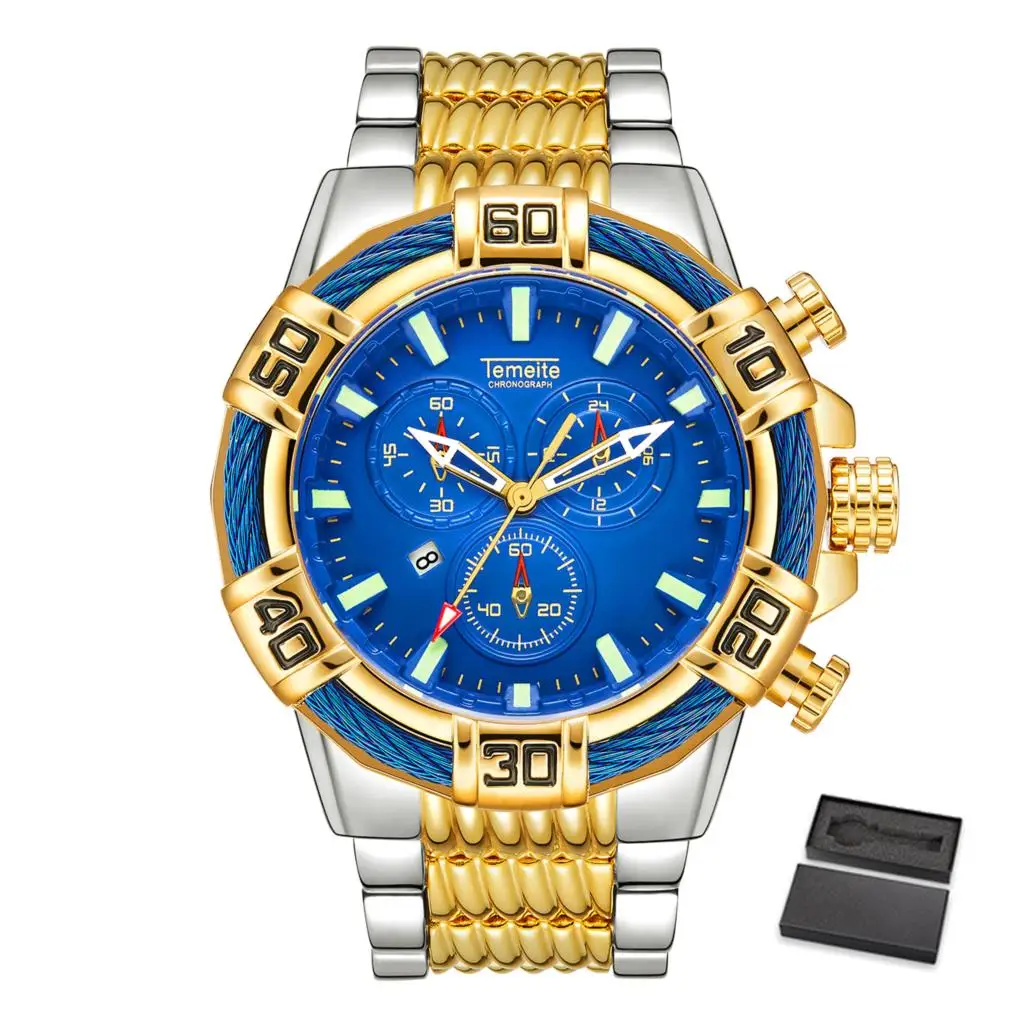 Relogio Dourado Temeite мужские часы Бизнес Кварцевые часы Роскошные Большой Циферблат Водонепроницаемые Военные Наручные часы - Цвет: Temeite 2 with box
