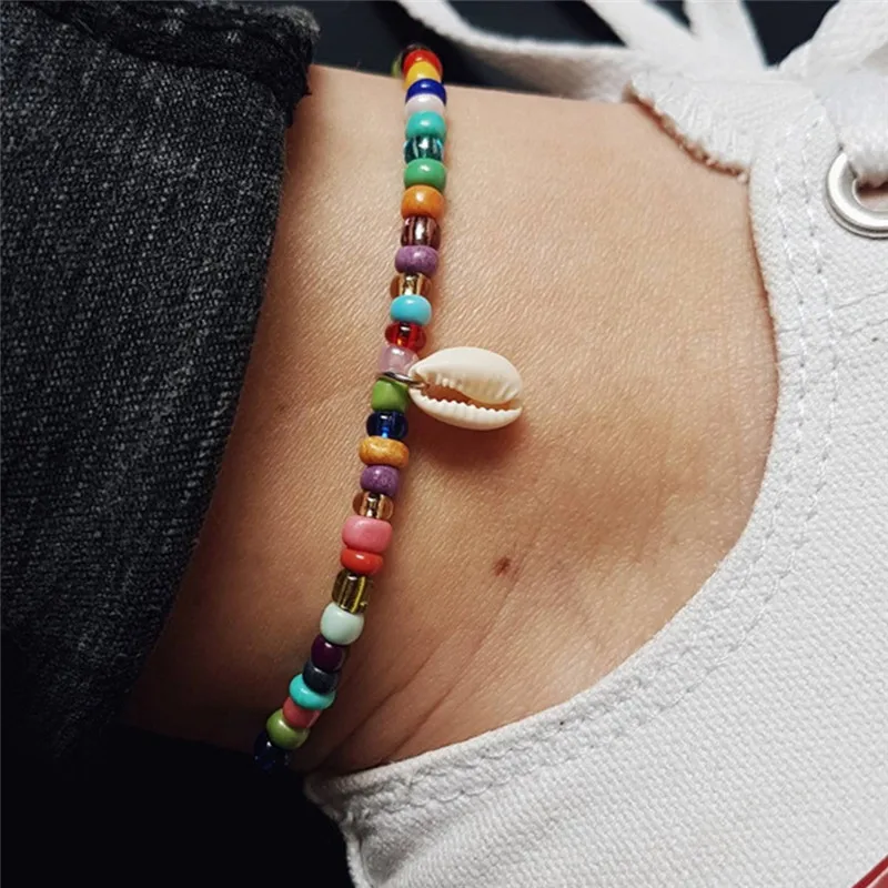 PINKSEE Bohemian Charm Beach Anklet Colorful Mixed Color Bead Nature Shell Foot Chain Ladies Simple Single Layer Jewelry | Украшения и