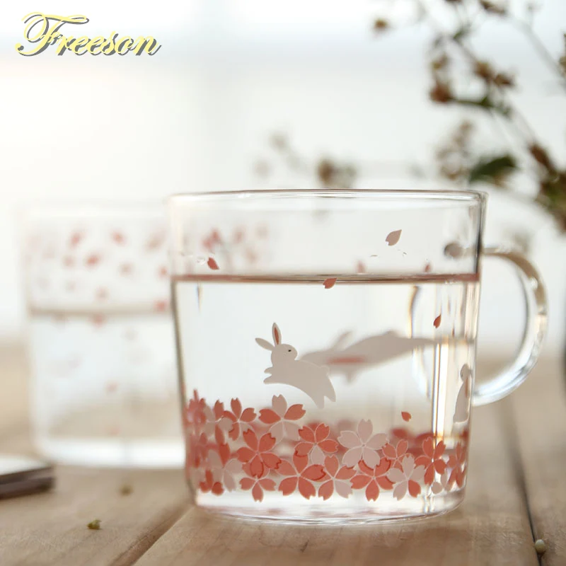 

Japanese Sakura Glass Coffee Mug Cute Cat Deer Rabbit Tea Mug 280ml Heat Resistant Glass Tea Cup Maid Coffee Cup Drinkware