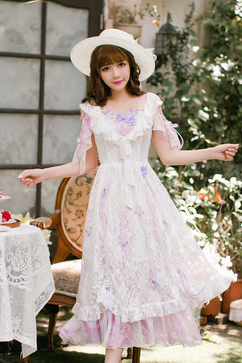 Princess sweet lolita  Candy Rain Lace dress female false two piece dress slim princess dress C22AB7130