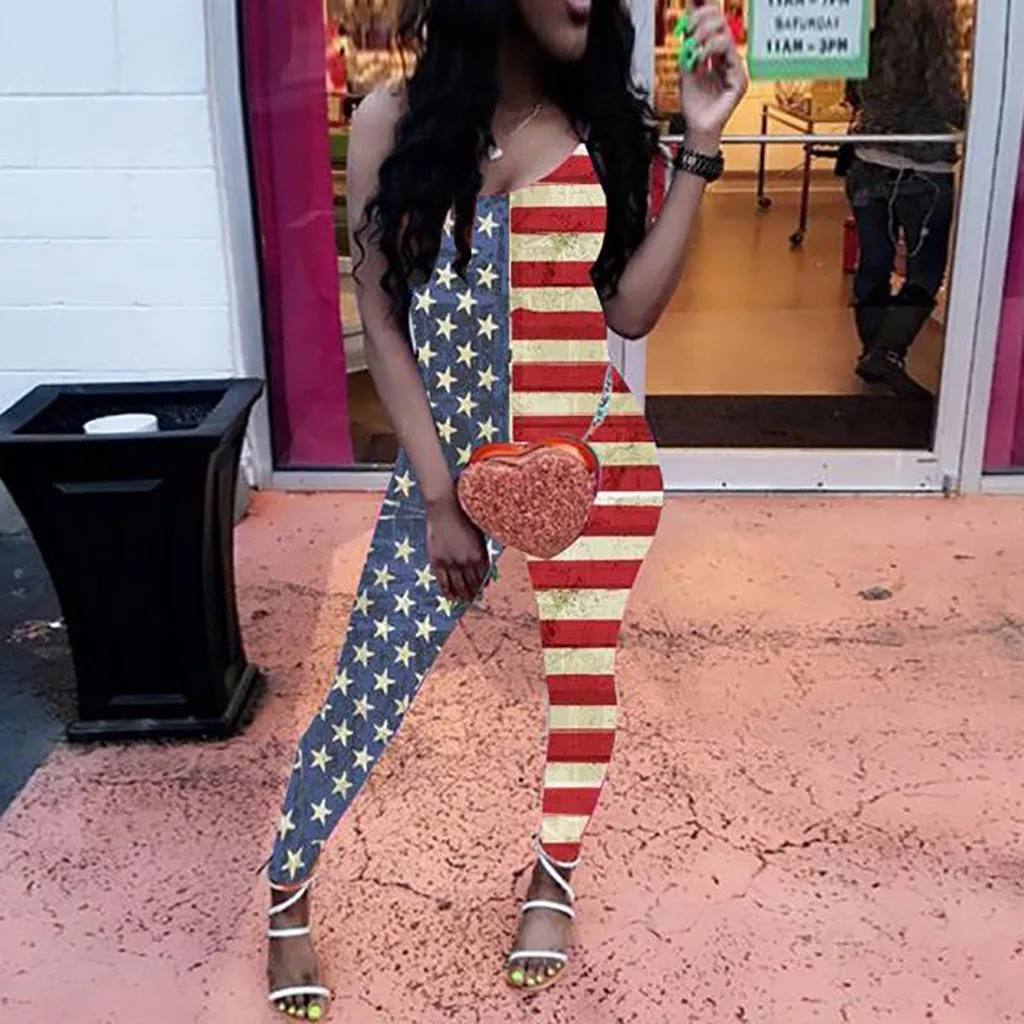 Американский флаг печати женский комбинезон сексуальный спагетти ремень