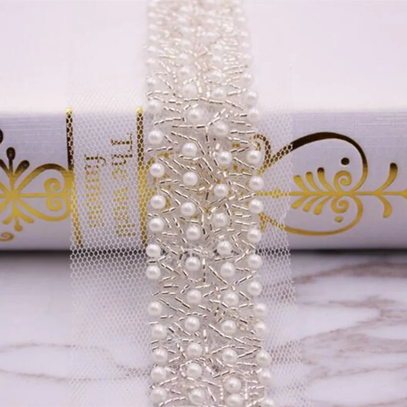 white 2 Yards Beaded Lace Ribbon Tape Width 30MM Trim Fabric DIY Embroidered collar Decoration lace Net Cord For Sewing - Цвет: white