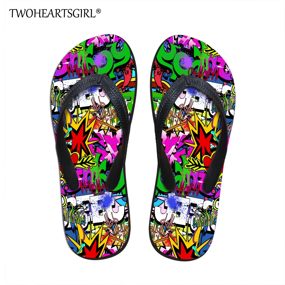 

Twoheartsgirl Cool Graffiti Pattern Men Flip Flop Fashion Street Walking Indoor Flat Shoes Summer Beach Slippers Student Travel